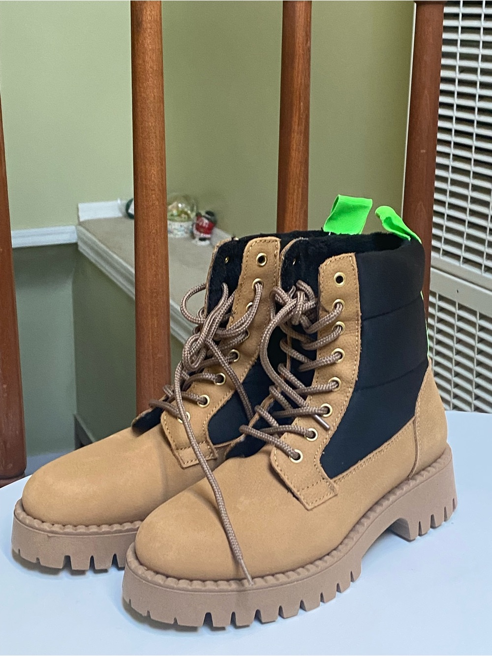 Pajar Tan and Black Lace-Up Chunky Combat Boots with Neon Green Pull Tab H52N2